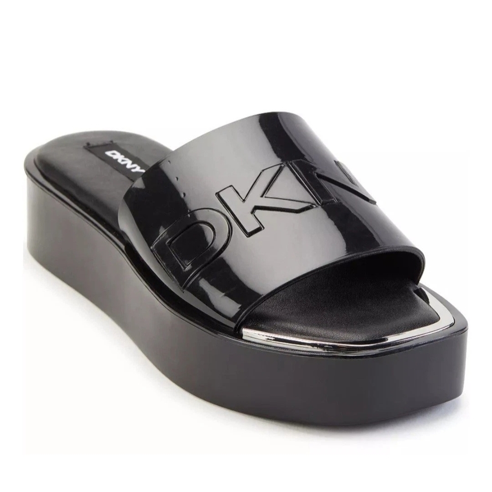DKNY Glossy Black Platform Slides